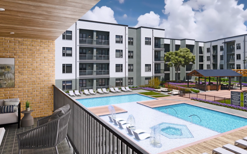 Patio with soft seating and view of the pool.