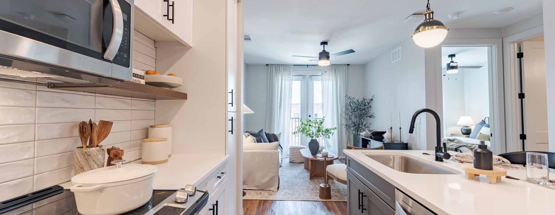 Bright kitchen with island and white cabinets at Tisdale at CapMetro Lakeline Station apartments in North Austin, TX